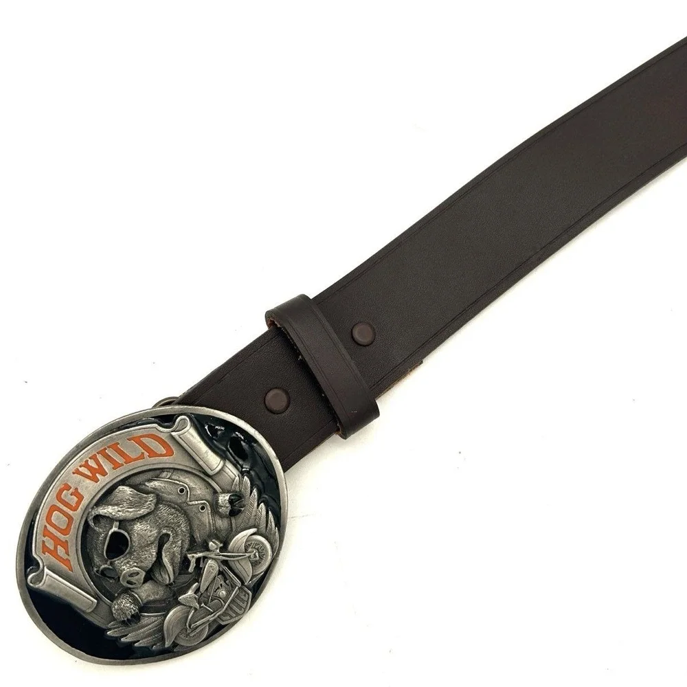 Vintage 90s Harley-Davidson Men's Hog Wild Bergamot Buckle Leather Belt Sz 42